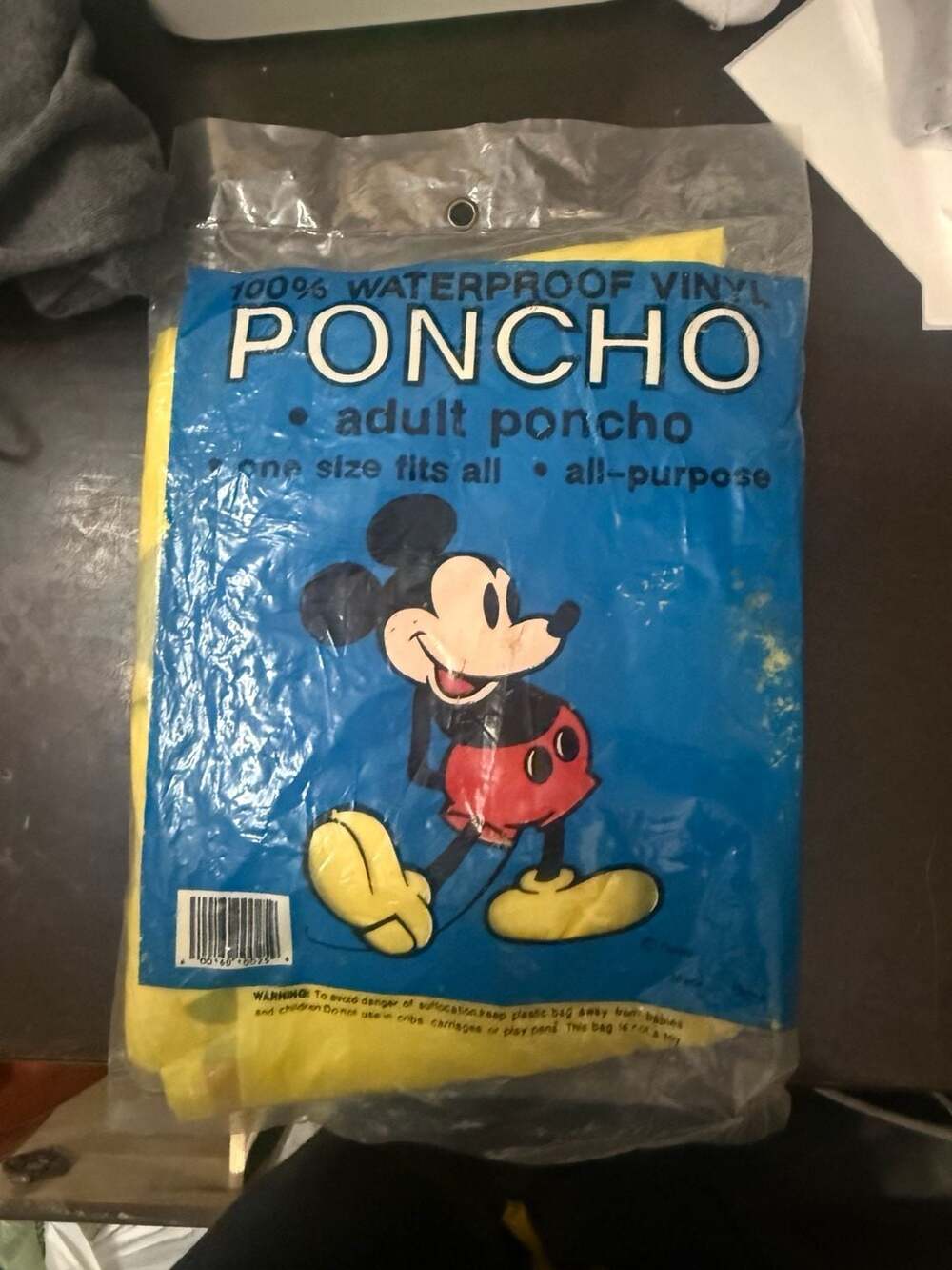 Vintage 1990 Disney Mickey Mouse Yellow Vinyl Rain Poncho Adult One Size NOS